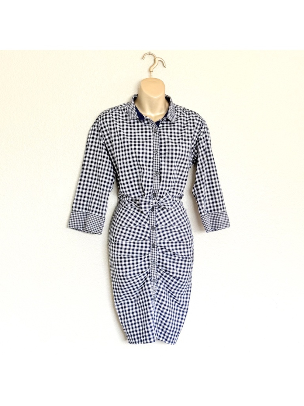 Gap x SJP Navy Gingham Ruched Tie-Waist Coastal Preppy Cotton Shirtdress Sz S